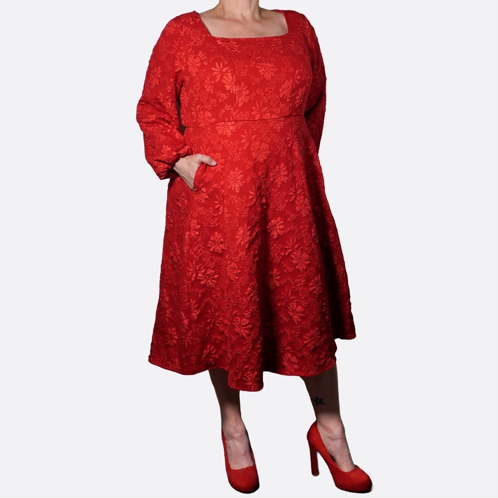 BloomChic‎ Red Floral Jacquard Midi Dress Plus Size 2X XXL Cocktail Party Boho